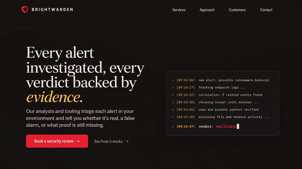 IT company website design, security monitoring with a live alert log: near-black page, large cream serif headline with a gold italic word, red button, a terminal log checking an alert