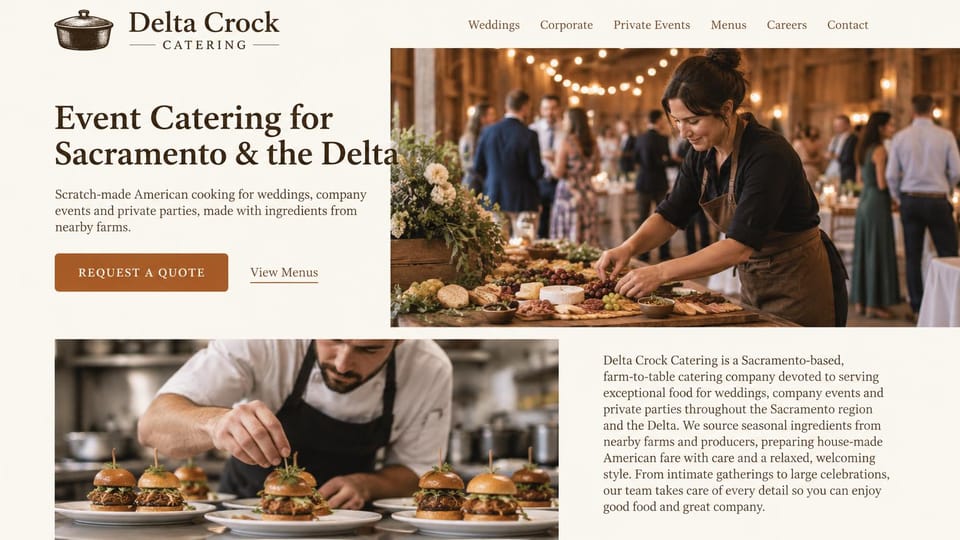 Catering website design, farm-to-table catering with its story up front: cream page, a dark brown serif headline, a rust button, a barn photo of a caterer arranging a grazing board and a chef finishing sliders