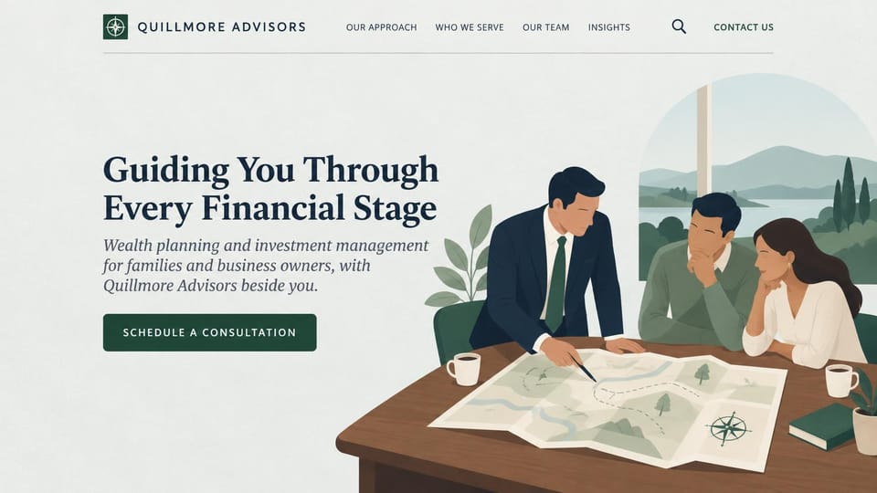 Financial advisor website design, financial planning drawn as a map: pale gray page, navy serif headline, green button and a flat illustration of an advisor showing a couple a map