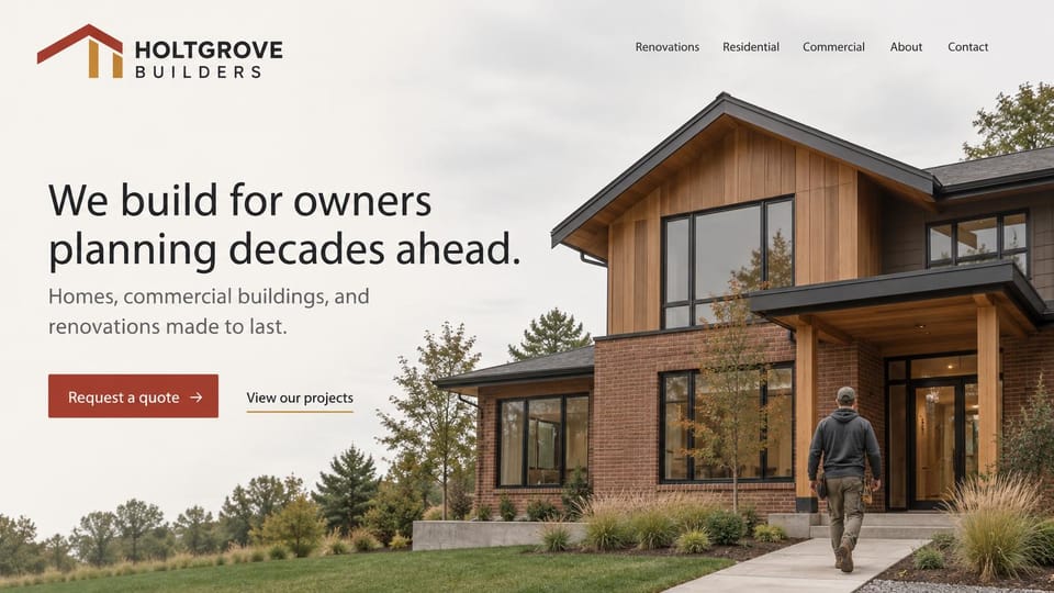 Construction website design, builder for homes and commercial work in soft gray: pale gray sky over a modern wood and brick home with a man walking up the path, a large charcoal headline and a red button