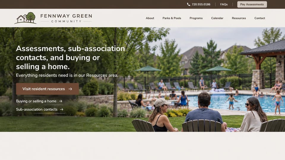 HOA website design, master-planned community with assessments and pools: dark brown top bar, cream menu, a white headline over neighbors in lawn chairs by a busy community pool and a brown button