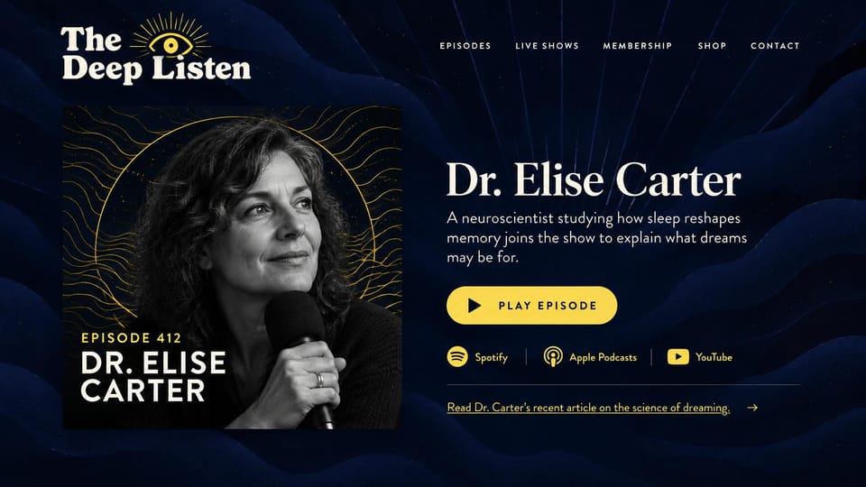 Podcast website design, science interviews with the guest as the cover: dark navy with gold wave lines, a black and white guest portrait and a yellow play button