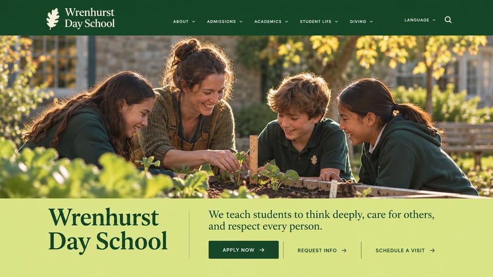School website design, day school with a garden and a lime band: dark green header, students planting seedlings with a teacher, a lime band with the name and three links