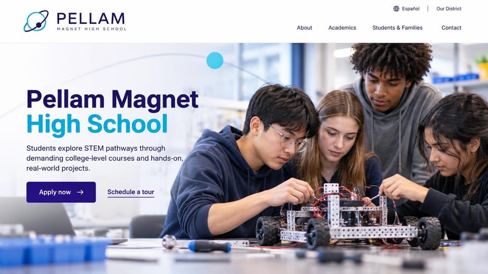 School website design, sTEM magnet high school with apply and tour buttons: white page with an orbit logo, a navy and cyan headline, a navy apply button and a photo of four students wiring a robot car