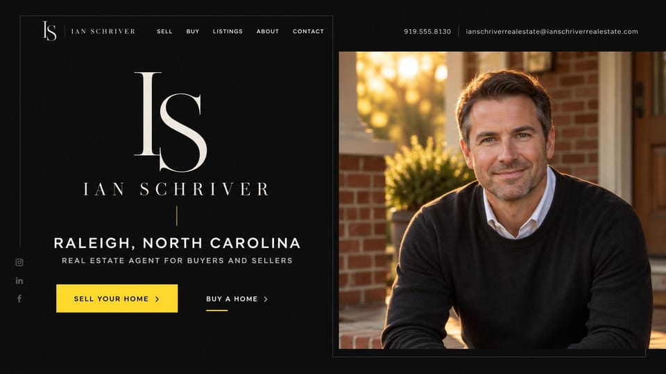 Real estate website design, solo agent with a monogram logo: black panel with a white monogram and a yellow button beside a framed agent portrait