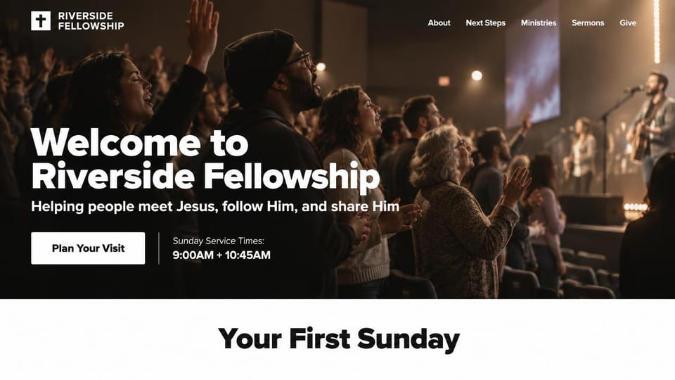 Church website design, contemporary church with service times in the hero: dark worship photo with raised hands, heavy white sans headline, a white button and service times