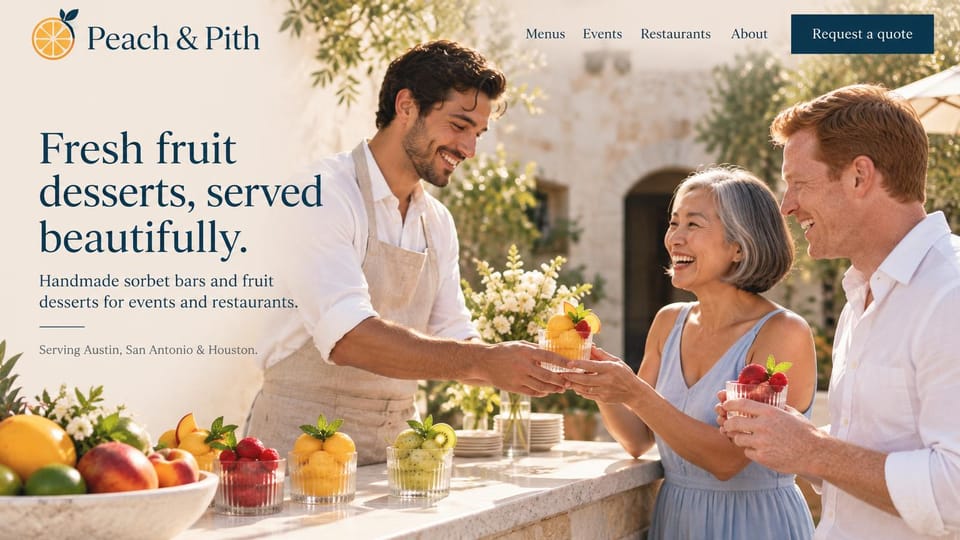 Catering website design, dessert catering with fruit served in the garden: cream page, a navy serif headline, a navy quote button and a smiling server handing a fruit cup to a guest in a sunlit garden