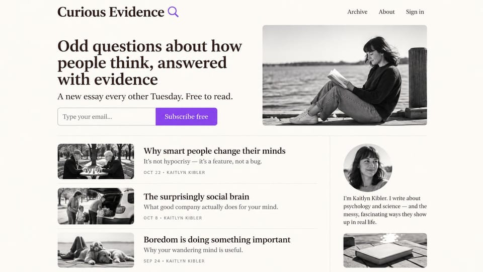 Blog website design, essay newsletter with a writer's sidebar: cream page, a dark serif headline, a purple subscribe button and black and white photos