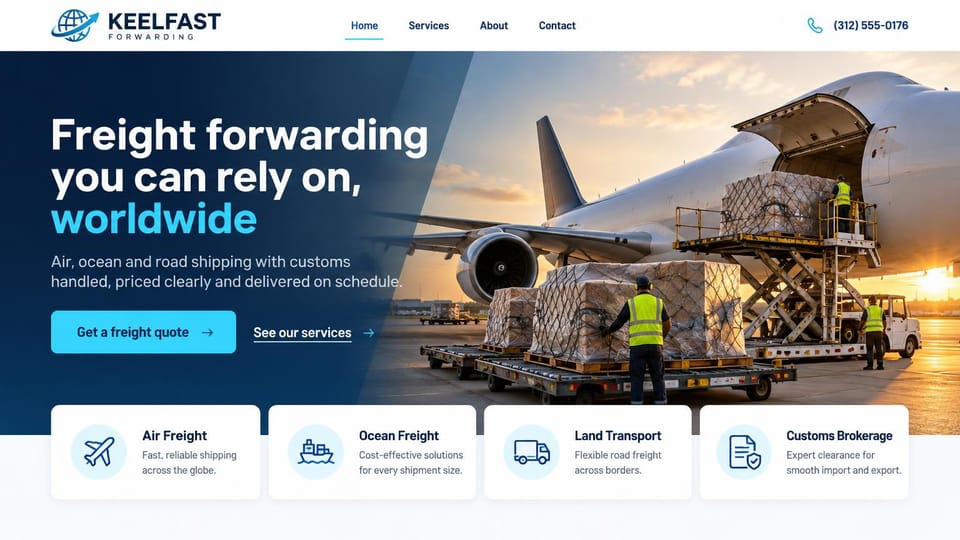 Logistics website design, worldwide forwarding with customs brokerage cards: navy diagonal panel, white and cyan headline, a sunset photo of netted pallets loaded into a freighter plane, cyan quote button, four white service cards