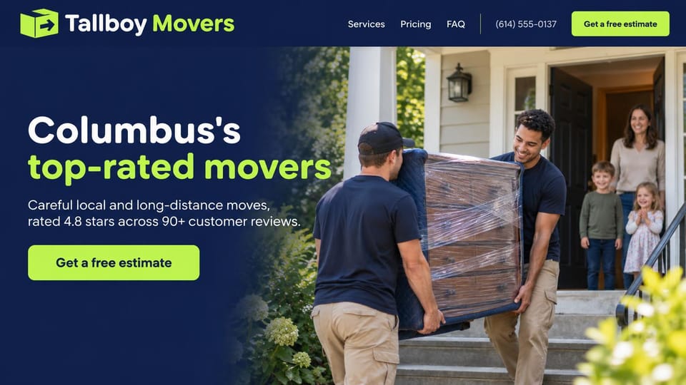 Moving company website design, household movers with a family at the door: dark navy page, a white and lime headline, a lime estimate button, two movers carrying a wrapped dresser down porch steps as a mother and two children watch from the door