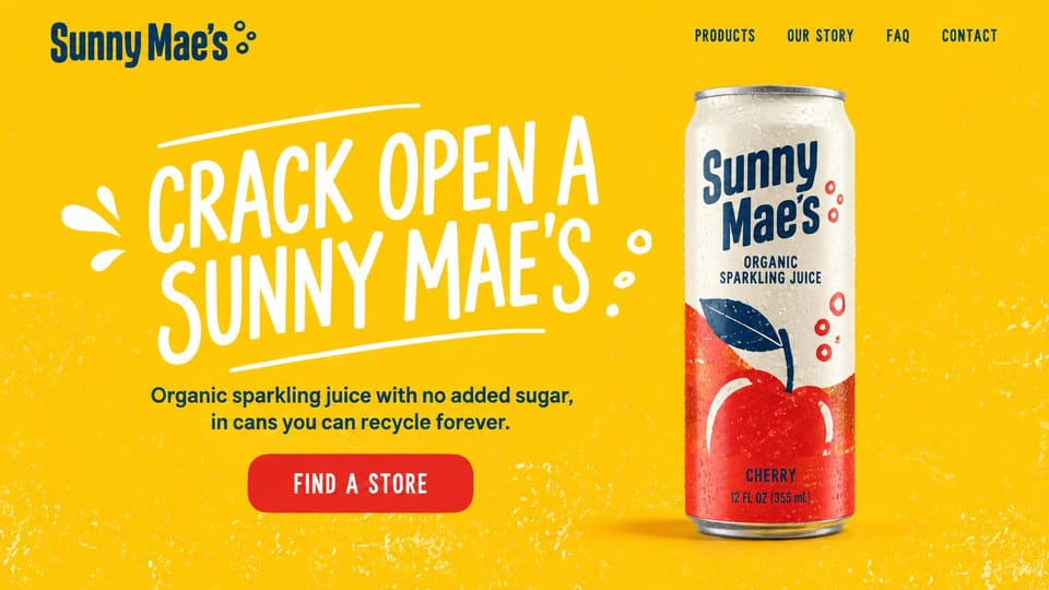 One page website design, drink brand in sunny yellow: bright yellow page, hand-lettered blue headline, a red and white juice can, red find a store button