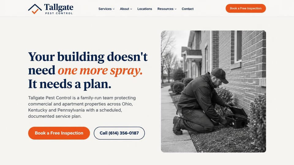 Pest control website design, commercial and apartment pest control plans: off-white page, a navy serif headline with an orange italic phrase, a black and white photo of a technician at a bait station by a brick building, an orange inspection button