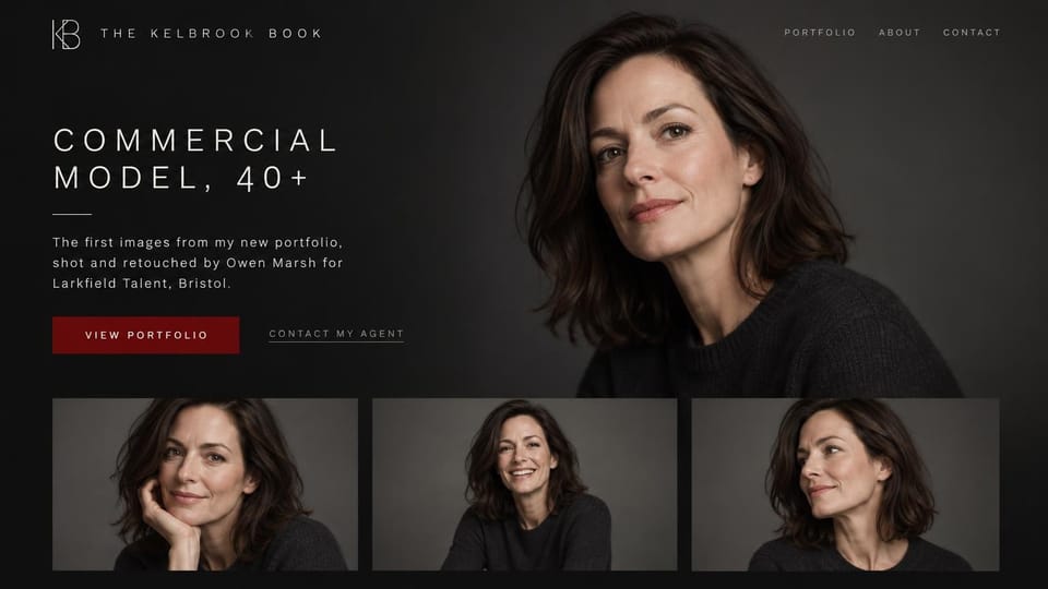Model portfolio website design, commercial model over 40 with three studio portraits: charcoal studio, spaced white capitals, a dark red button, a dark-haired woman in a black sweater and three smaller portraits below