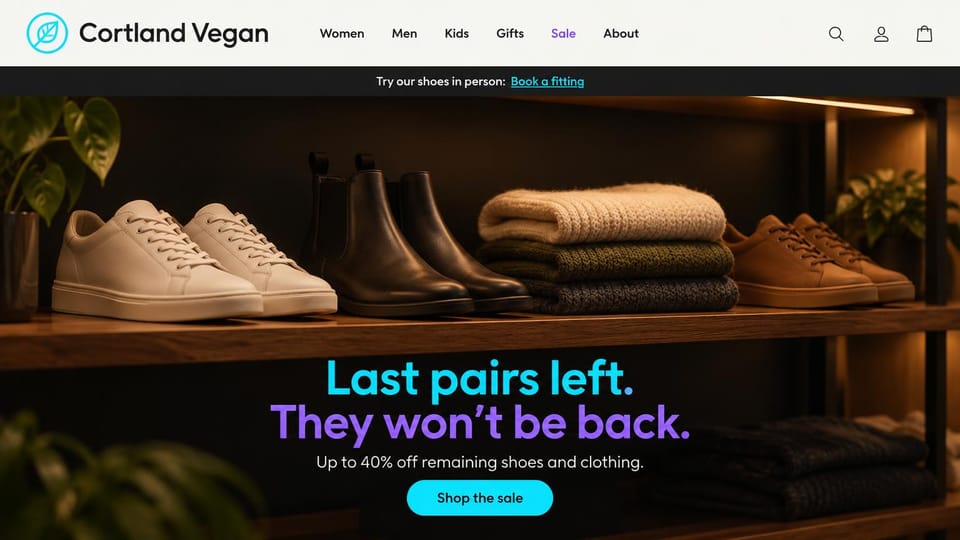 Fashion website design, vegan shoes on a lit shelf with a clearance headline: cream header with a cyan leaf logo, a dark bar offering fittings, sneakers, boots and folded knits on a warm-lit wooden shelf, a cyan and purple headline and a cyan button