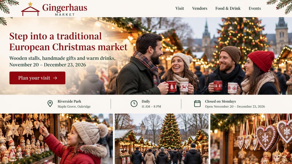 Event website design, european-style Christmas market with a photo row: cream page with a red house logo, friends with patterned mugs at wooden market stalls by a lit tree, red serif headline, red visit button, details strip, three market photos