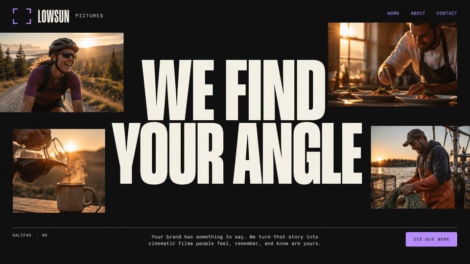 Videographer website design, brand films with a headline you can't miss: near-black page, giant cream condensed headline, four warm photos of a cyclist, a chef, a coffee pour and a fisherman, lavender button, monospace text