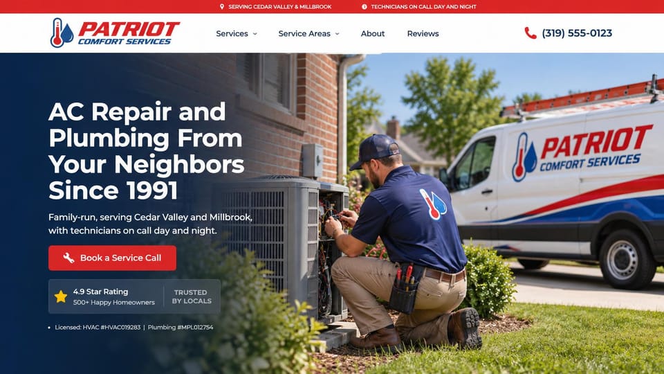 HVAC website design, aC and plumbing with license numbers on show: red top bar, white header with an italic logo, a technician at an outdoor unit beside a work van, navy gradient with a white headline and red button