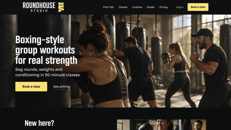 Fitness website design, boxing workouts with a coach on the floor: dark gym with heavy bags and a coach, cream condensed headline and a yellow button