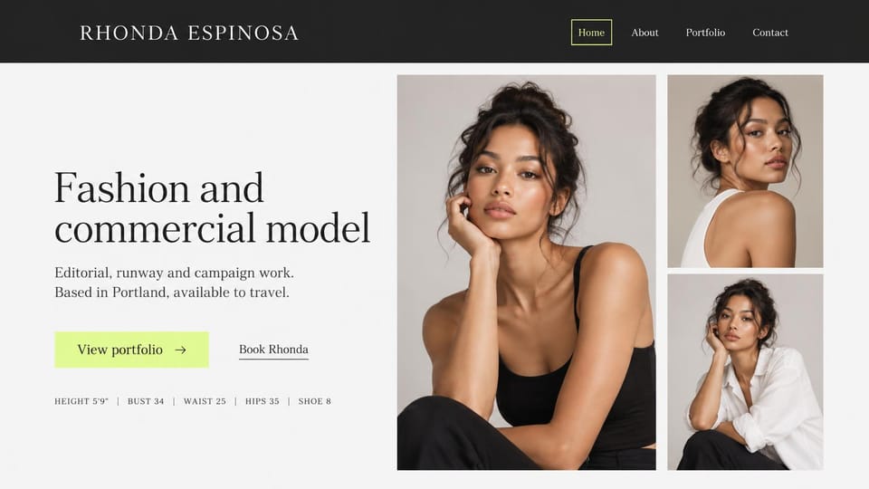 Model portfolio website design, fashion and runway model with a lime button: white page with a charcoal header, a dark serif headline, a lime portfolio button, a stats line and three portraits of a woman with dark hair in a loose bun