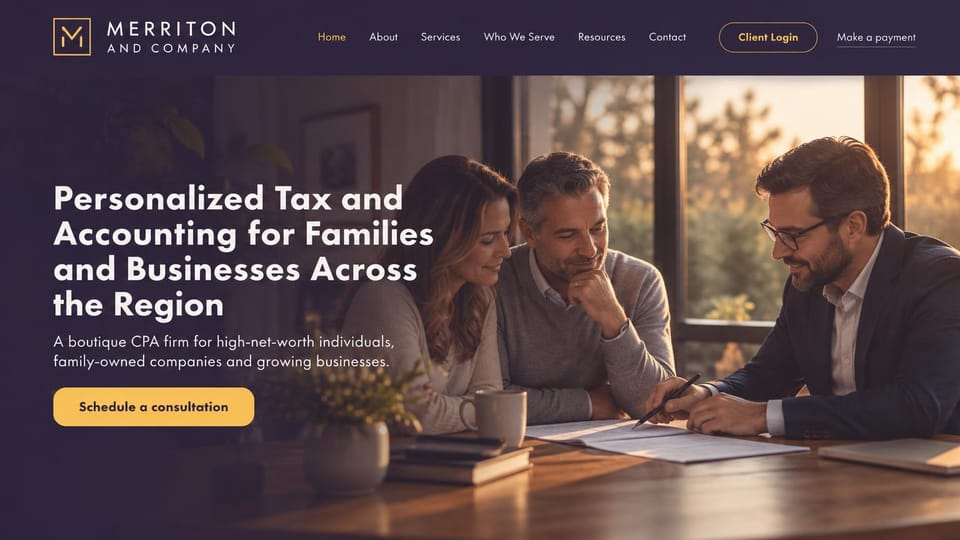 Accounting website design, boutique CPA for families and business owners: deep plum page, a bold white headline, a gold consultation button and a couple reviewing papers with an advisor at sunset