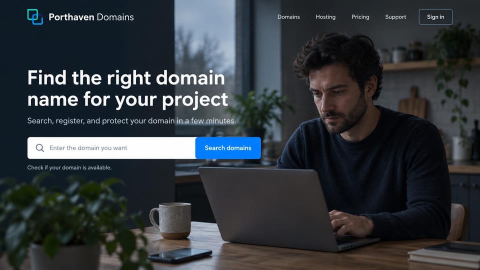 Web hosting website design, domain search over a moody desk photo: dark photo of a man typing at a laptop in a dim room, white headline, a white domain search bar with a blue search button