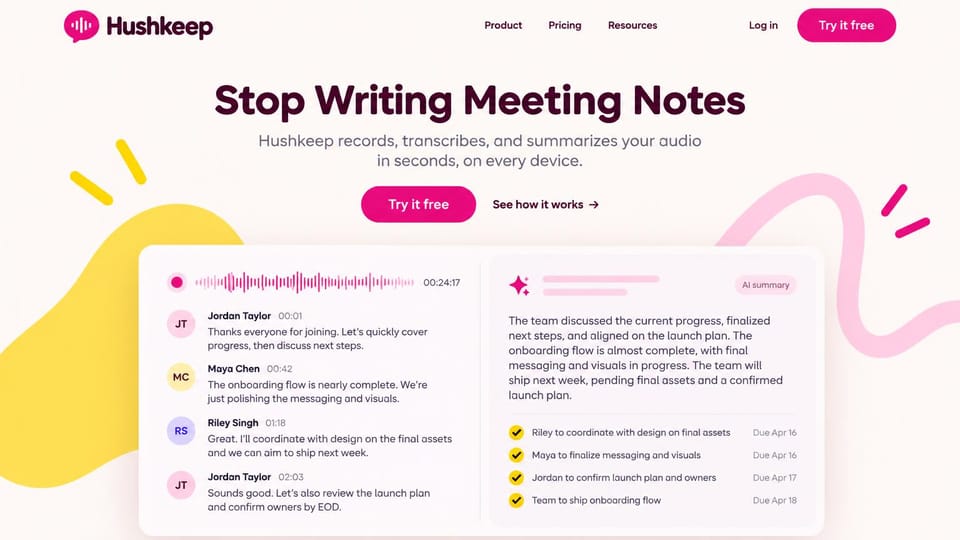 AI startup website design, aI meeting notes, bright and friendly: off-white page, a bold plum headline, pink buttons, yellow and pink brush shapes and a card with a meeting transcript beside an AI summary and action items