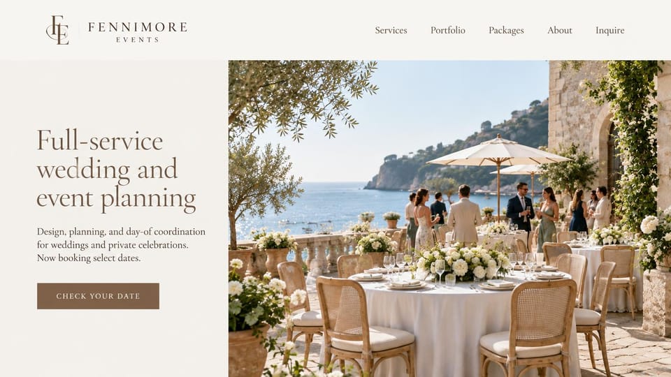 Event planner website design, wedding and event planner with a seaside split: cream left panel with a serif headline and brown date button, photo of a seaside terrace with round tables and umbrellas