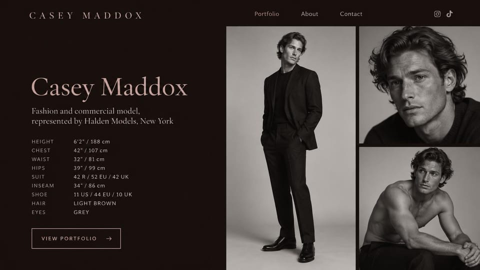 Model portfolio website design, male model with a full stats table in two systems: near-black page, a large beige serif name, a stats table in small capitals, an outlined portfolio button and three black and white photos of a man in a suit and shirtless