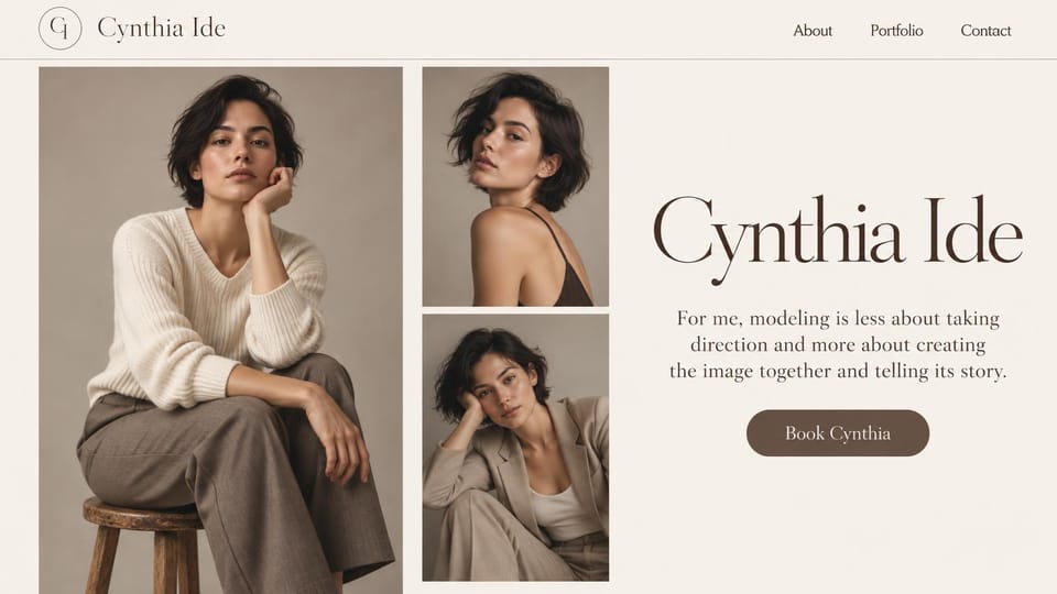 Model portfolio website design, editorial model with a three-portrait collage: warm ivory page, a large brown serif name, a brown booking button and three studio portraits of a woman with short dark hair