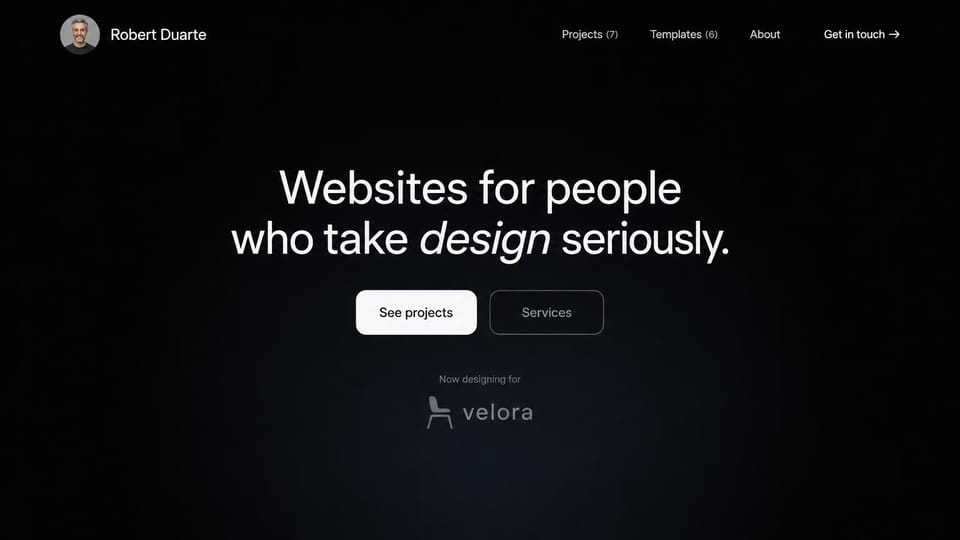 Portfolio website design, web designer, dark and minimal: black page, a centered white headline with an italic word, a white button and an outlined services button