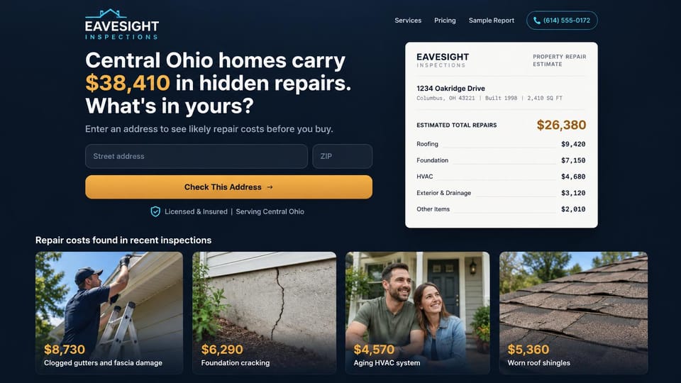 Home inspector website design, repair cost lookup for buyers: dark navy page, white and amber headline, an address form with an amber button, a white repair estimate card, four repair photo cards