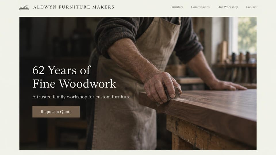 Carpentry website design, family furniture workshop, framed and quiet: pale cream page, an inset dark photo of a woodworker in an apron sanding a walnut tabletop, a white serif headline and a taupe quote button