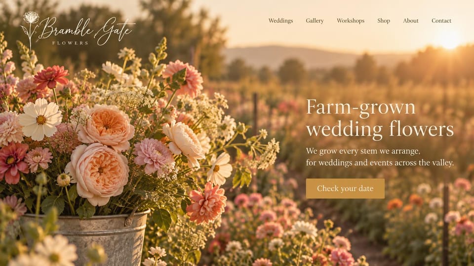 Florist website design, flower farm with a sunset field: golden sunset photo of a flower field with a bucket of peach dahlias, script logo, serif headline, gold date button