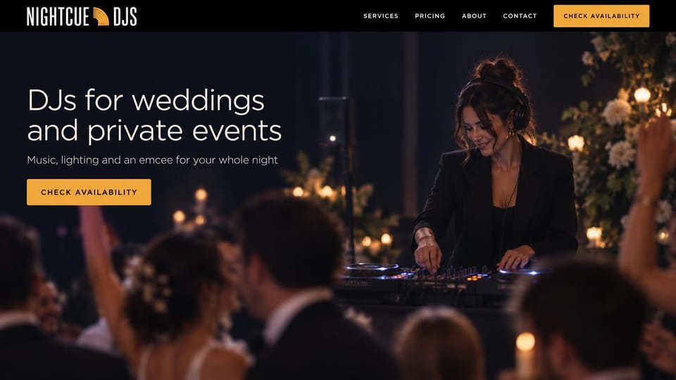DJ website design, wedding and private event DJs, warm and simple: black top bar, a woman DJ in headphones at a controller among flowers and candles, white sans headline, gold button