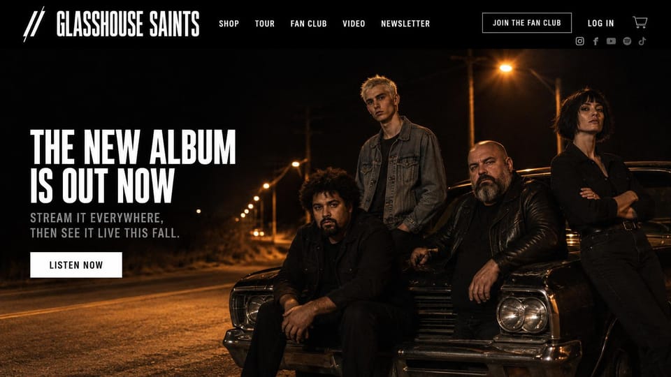Musician website design, rock band in a night street scene: a band leaning on a car under streetlights, a white condensed headline and a white button