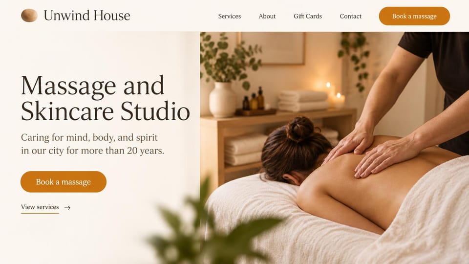 Massage therapist website design, massage and skincare studio, warm and bright: cream page, a large dark serif headline, an amber button and a photo of a therapist massaging a client's back