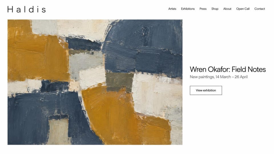 Art gallery website design, painting gallery with an open call: white page, a wide-spaced black wordmark, a thick abstract painting in ochre, slate blue and cream on the left, a black show title and an outlined button on the right