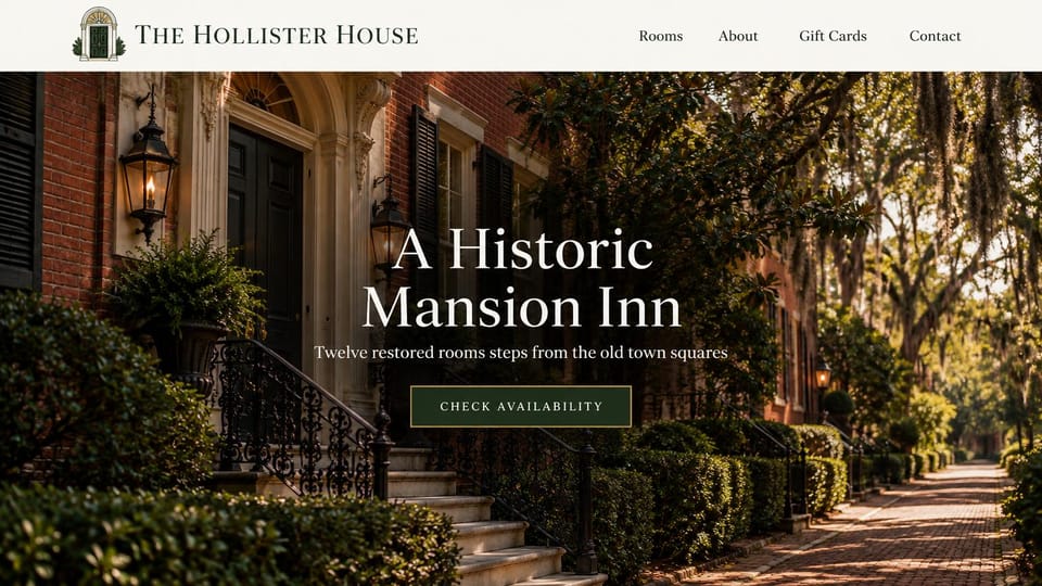 Bed and breakfast website design, historic mansion inn in town: brick mansion steps with iron rails and lanterns on a street of mossy oaks, white serif headline, dark green button