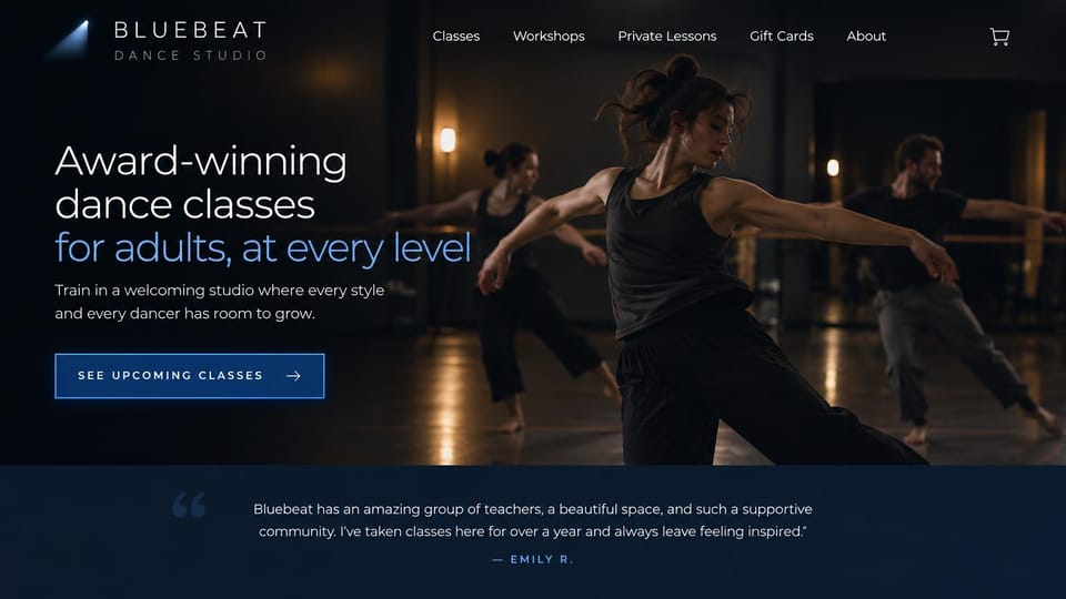Dance studio website design, adult dance classes with a testimonial band: near-black and navy page, dancers practicing in a dim studio, a white and blue headline, an outlined blue button and a dark testimonial band