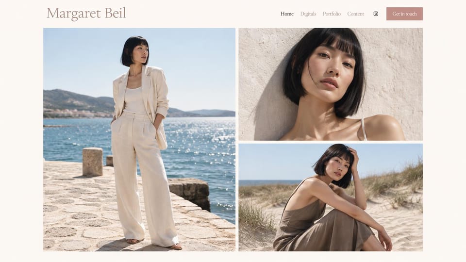 Model portfolio website design, fashion model with a three-photo coastal grid: pale blush page, a light serif name, a dusty rose button and three seaside photos of a woman with a black bob in linen