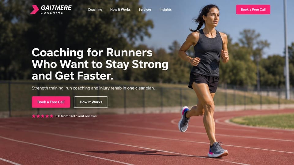 Personal trainer website design, run plans, strength and rehab for runners on a red track: full-width photo of a woman running on a red track under trees, a white headline, a pink free call button and an outlined button, pink review stars