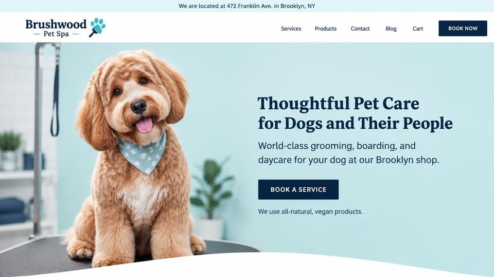 Pet business website design, neighborhood pet spa in pale aqua: pale aqua page, a curly dog in a bandana on a grooming table, a navy serif headline and a navy booking button