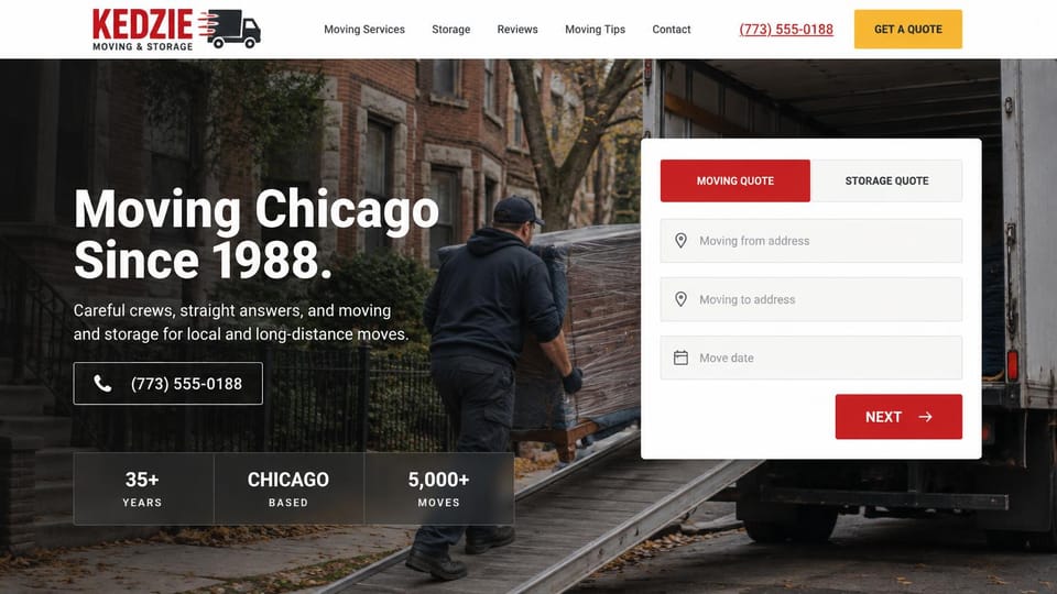Moving company website design, moving and storage with quote tabs: white header, movers loading a truck on a city street under a dark overlay, a white headline and phone button, a white quote card with red tabs and button