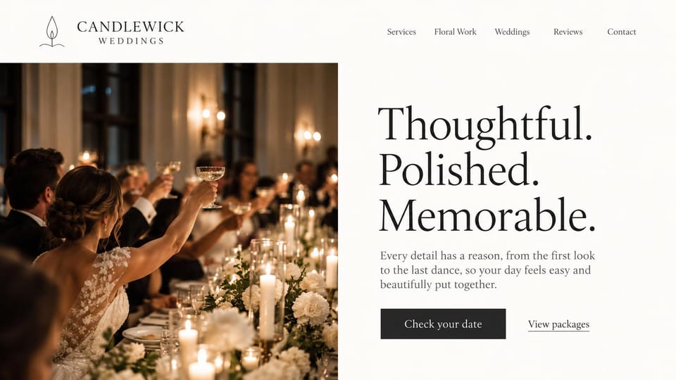 Wedding planner website design, wedding coordinator with a three-word promise: white split layout, candlelit reception photo of a bride raising a glass, large black serif headline, black date button