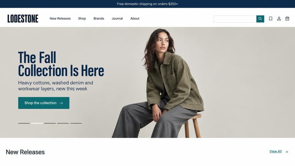 Fashion website design, casual workwear store with a new releases row: navy top bar, a pale gray studio with a woman in an olive overshirt on a stool, a condensed navy headline, a teal button and a new releases row below