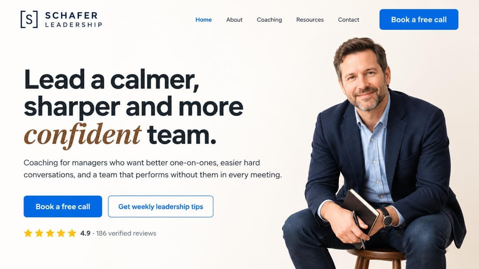 Coaching website design, leadership coaching with a weekly tips signup: white page, a black and brown serif headline, two blue buttons and a coach sitting with a notebook