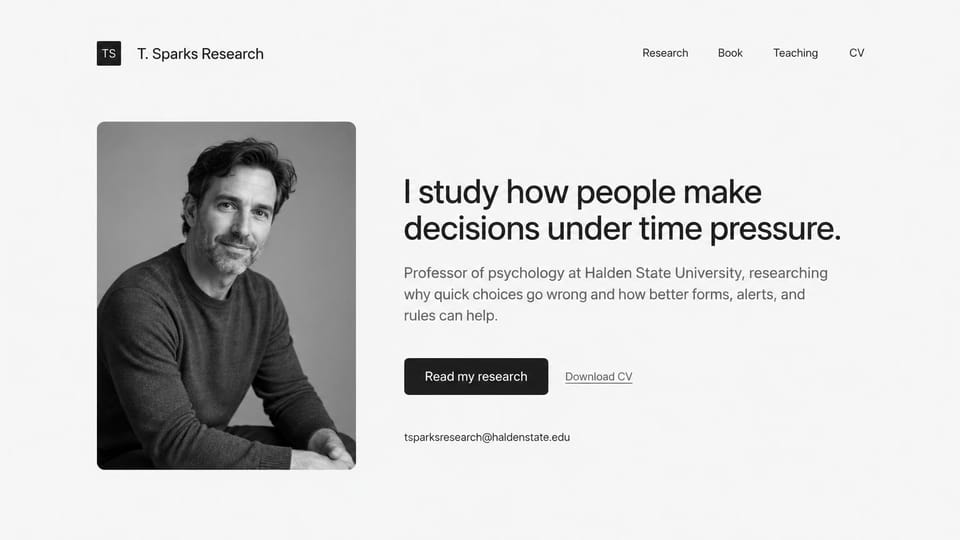 Resume website design, psychology professor in black and white: white page, a black and white portrait of a man, a large black headline, a black research button and a CV link