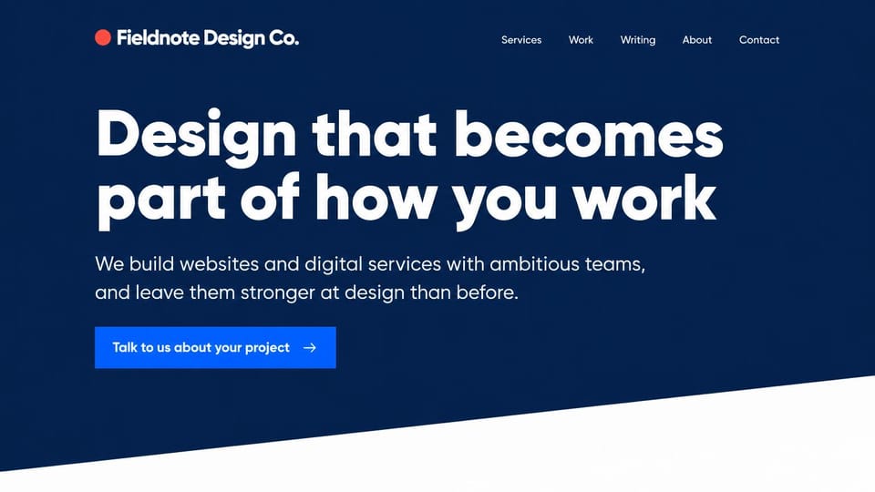 Agency website design, digital design studio in navy: navy page, a large white sans headline, a bright blue button and a white diagonal edge below