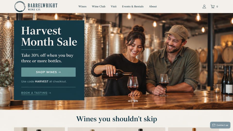 Winery and brewery website design, winery with an offer panel over the tasting bar: photo of a couple pouring red wine at a tasting bar with steel tanks, a dark teal panel with a white serif headline and a teal shop button