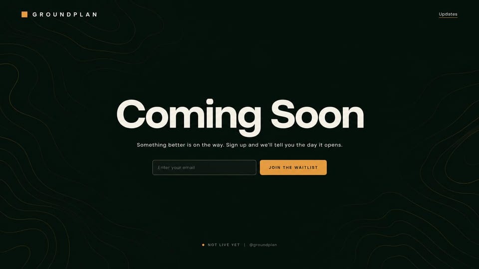 Coming soon website design, classic coming soon page in big type: near-black green page with faint amber contour lines, a huge cream Coming Soon headline, an email field and an amber waitlist button